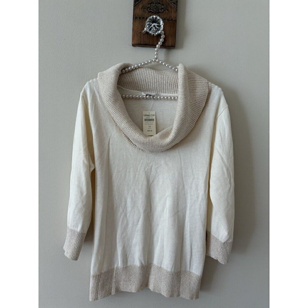 NWT Coldwater Creek Womens Size M Cream Cowl Neck Sweater Gold Sparkle
